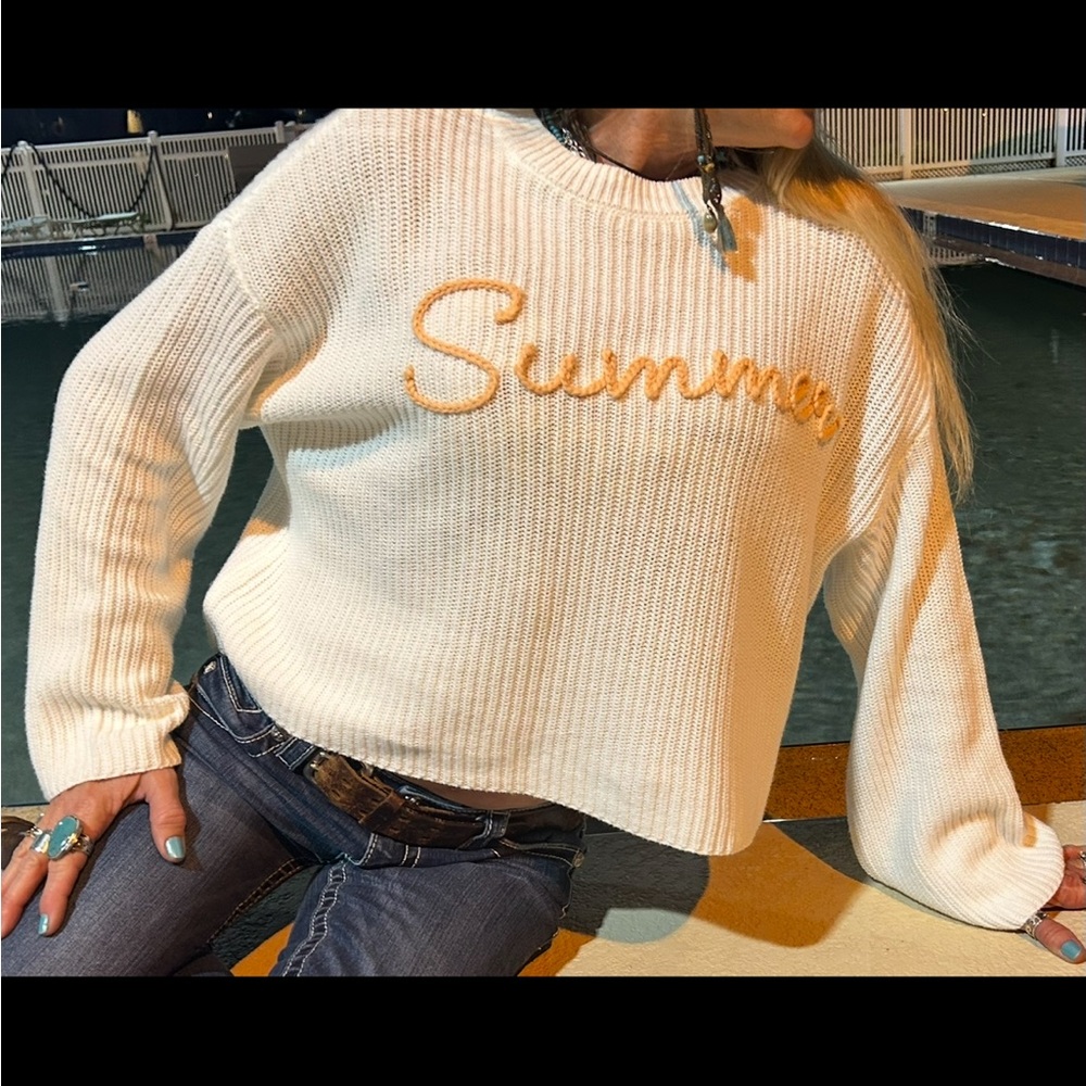 White Sweater with Orange Embroidery “Summer”